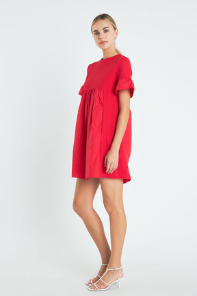 Mixed Media Ruffled Short-Sleeve Mini Dress
