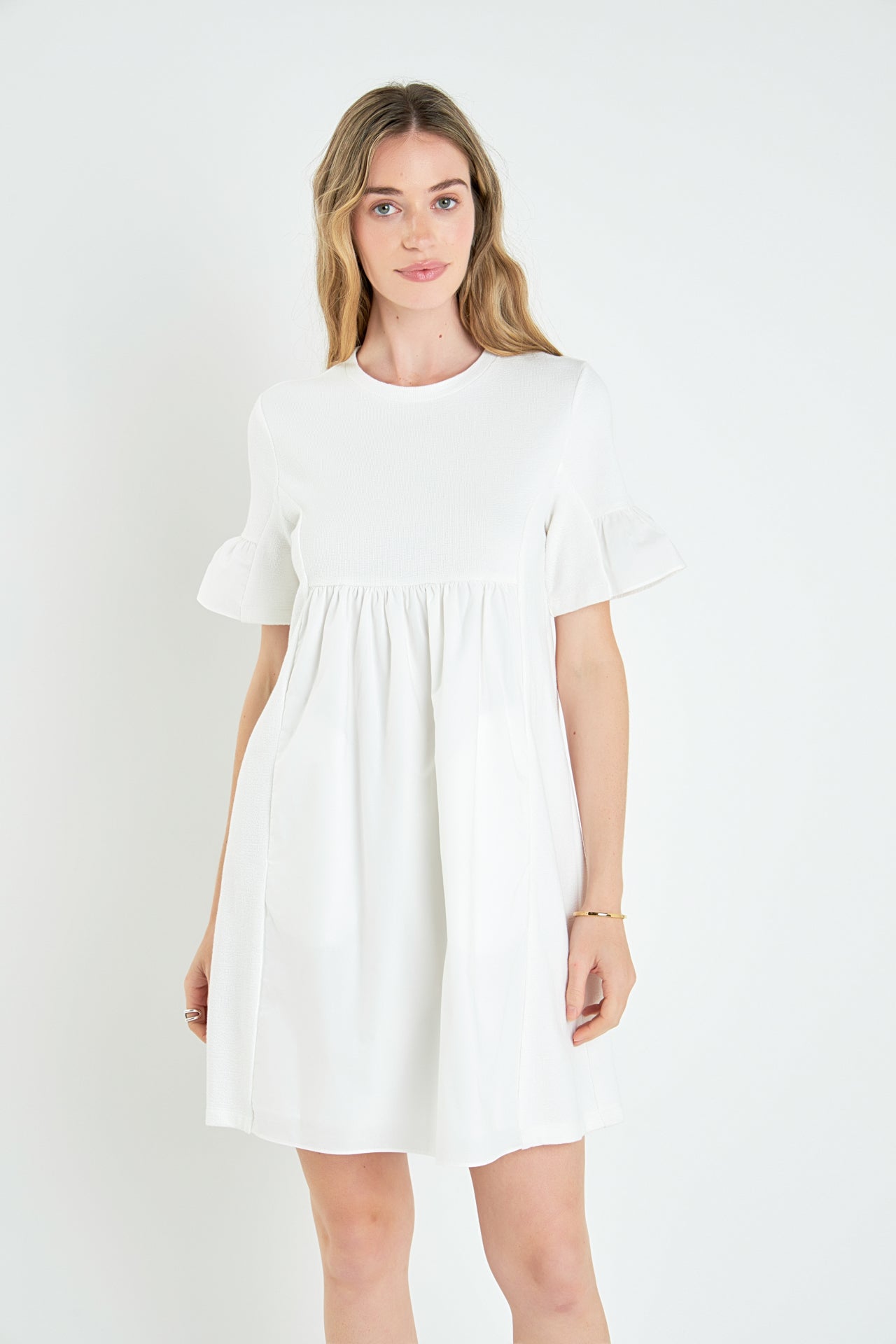 Mixed Media Ruffled Short-Sleeve Mini Dress