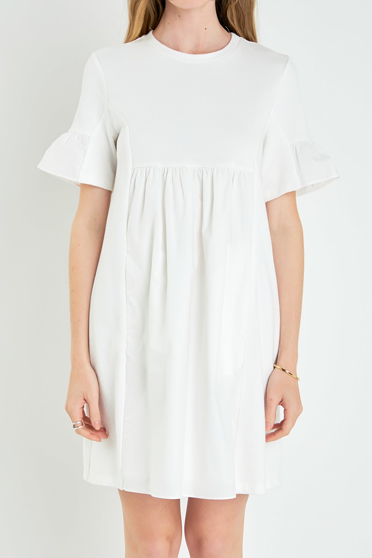 Mixed Media Ruffled Short-Sleeve Mini Dress
