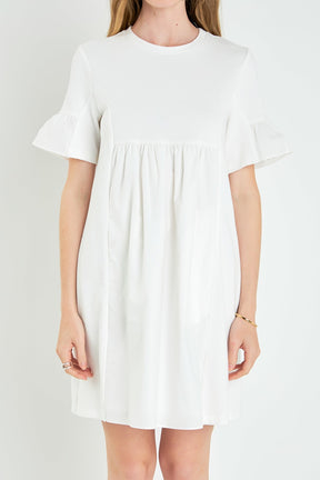 Mixed Media Ruffled Short-Sleeve Mini Dress