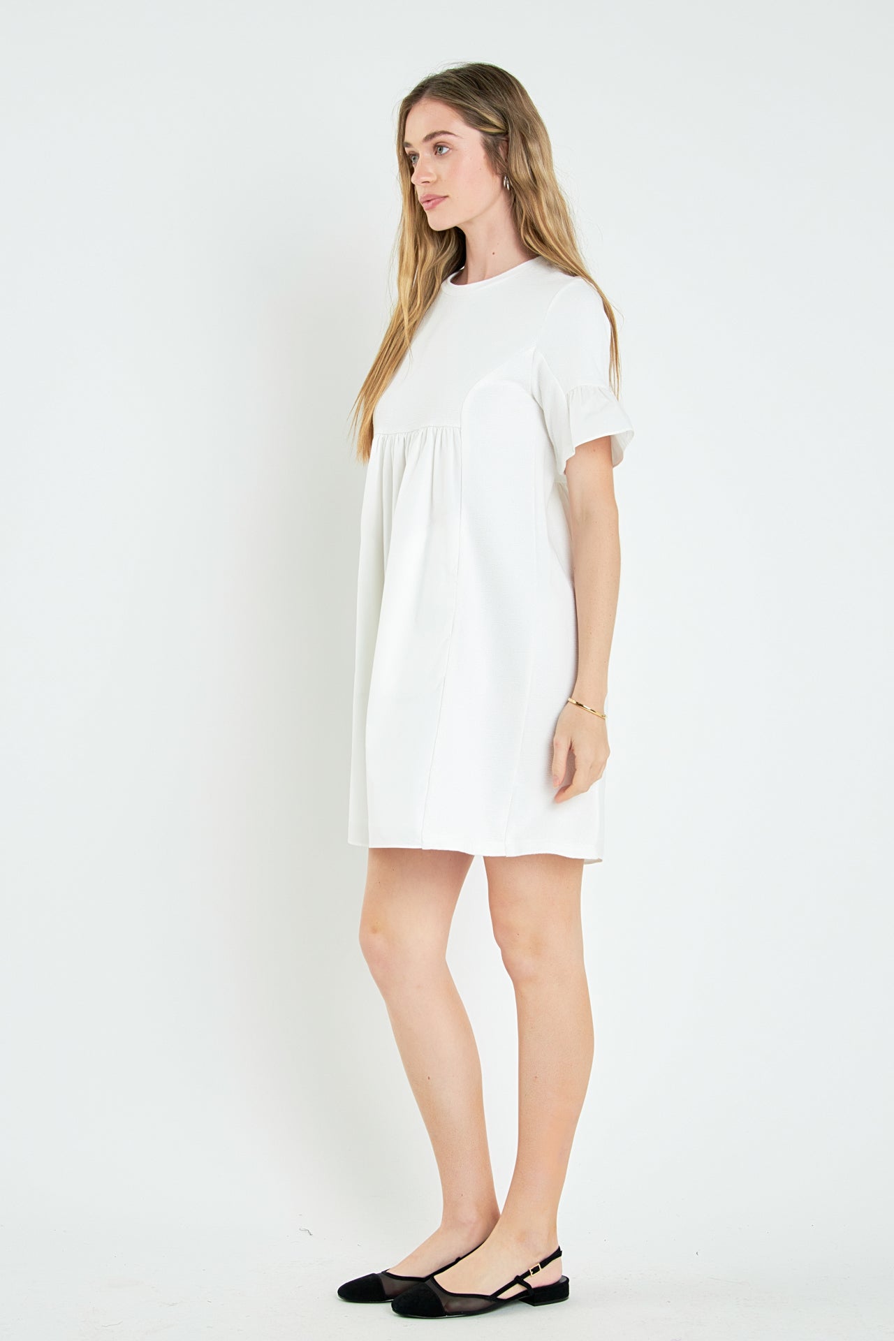 Mixed Media Ruffled Short-Sleeve Mini Dress