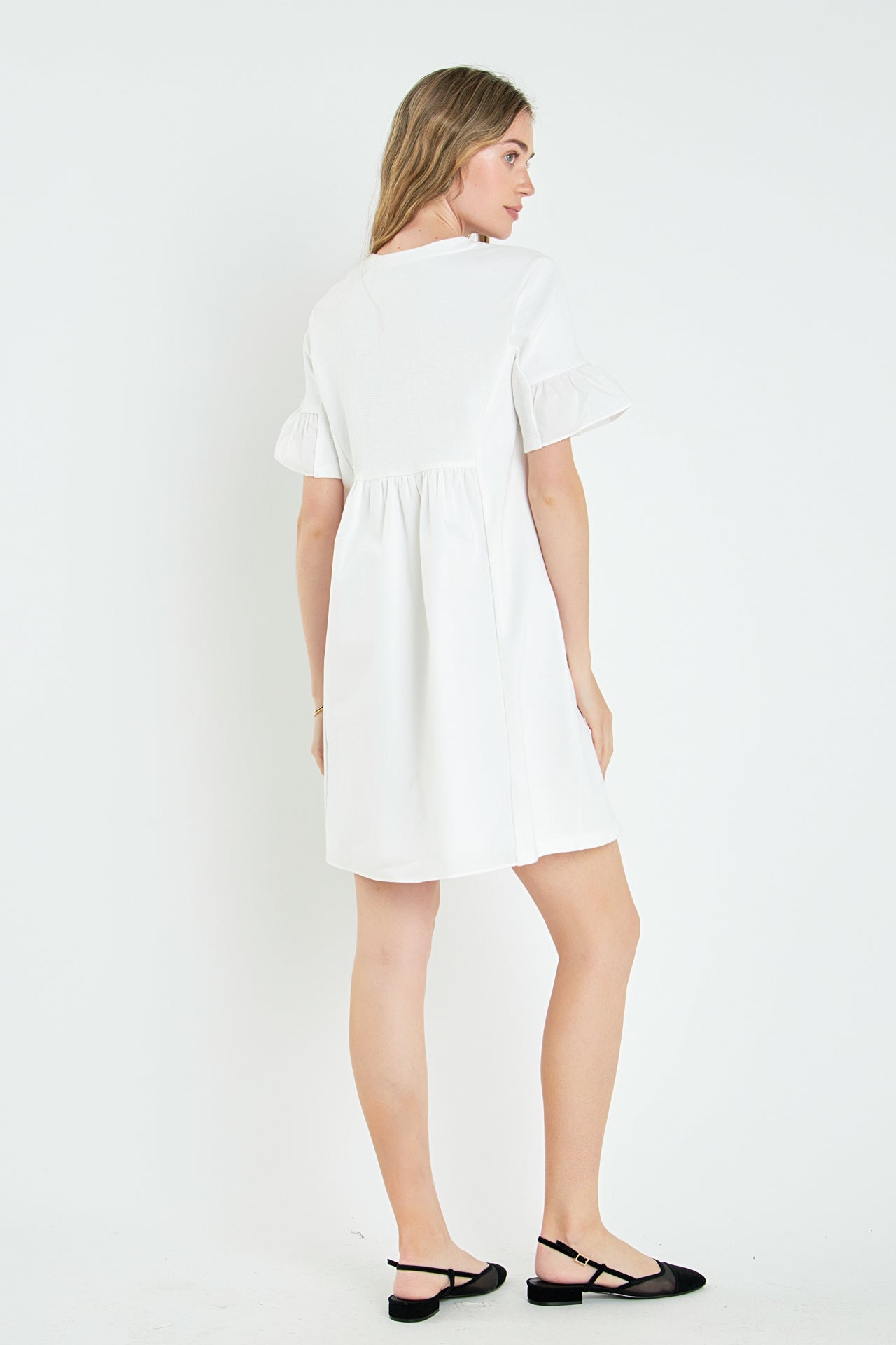 Mixed Media Ruffled Short-Sleeve Mini Dress