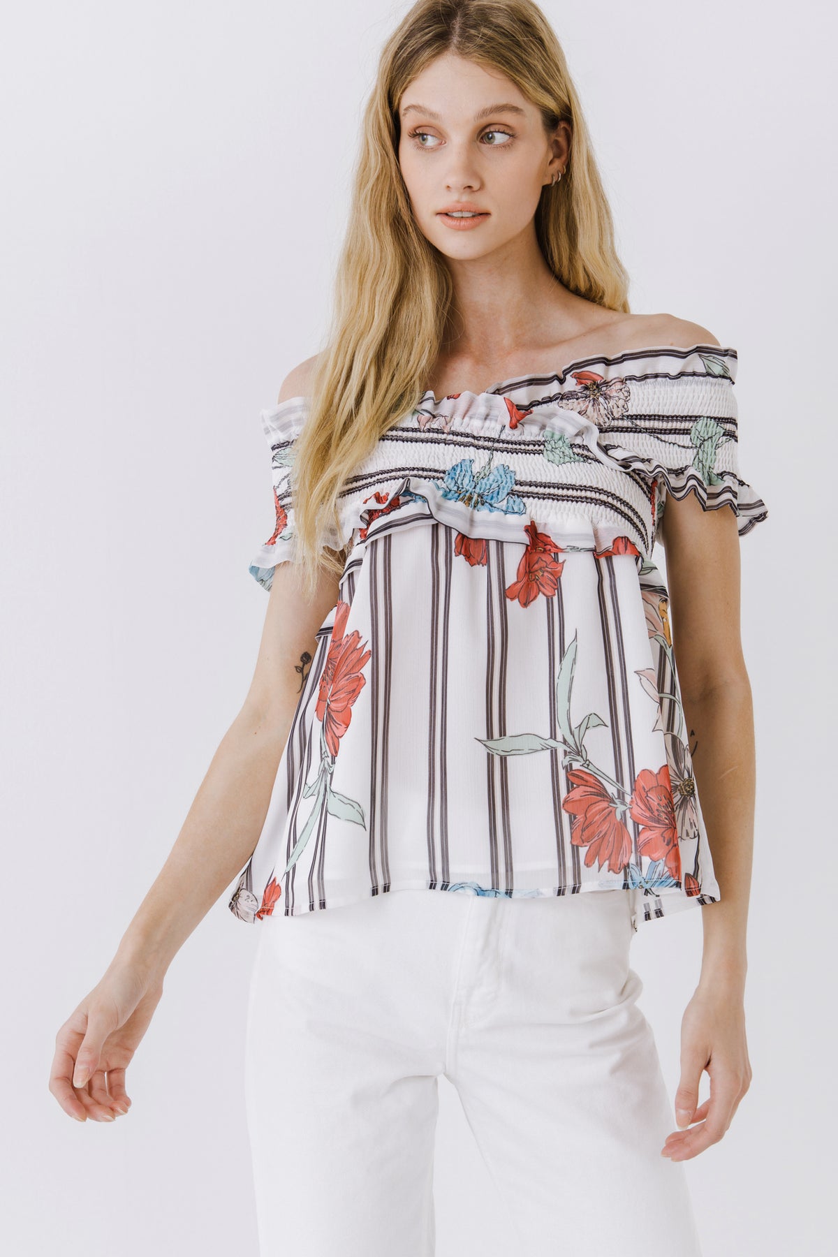 Amelie Stripe Print Off Shoulder Top