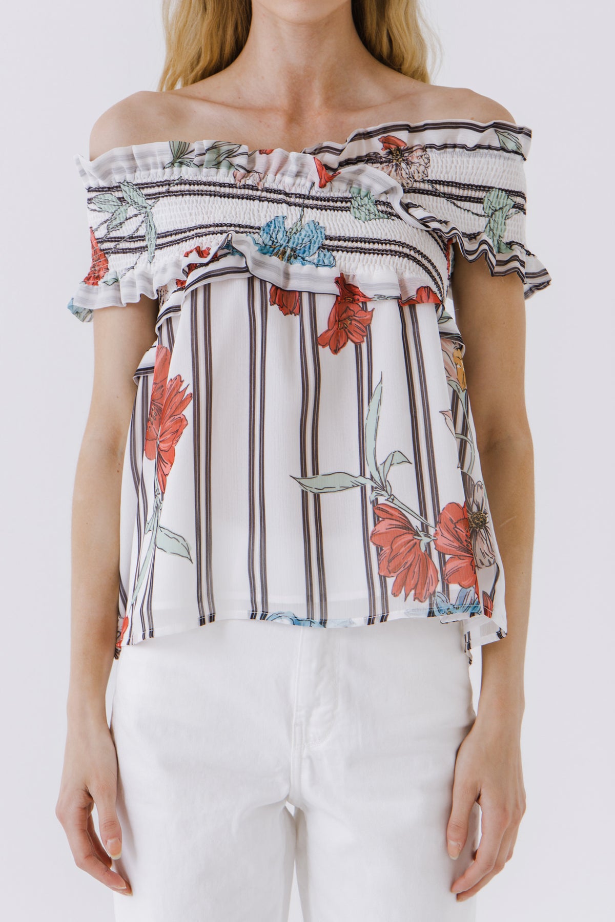 Amelie Stripe Print Off Shoulder Top