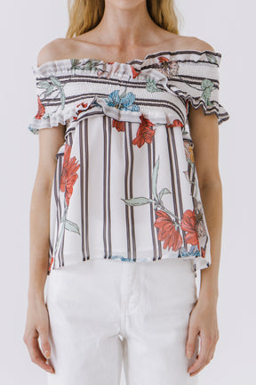 FREE THE ROSES - Amelie Stripe Print Off Shoulder Top - TOPS available at Objectrare