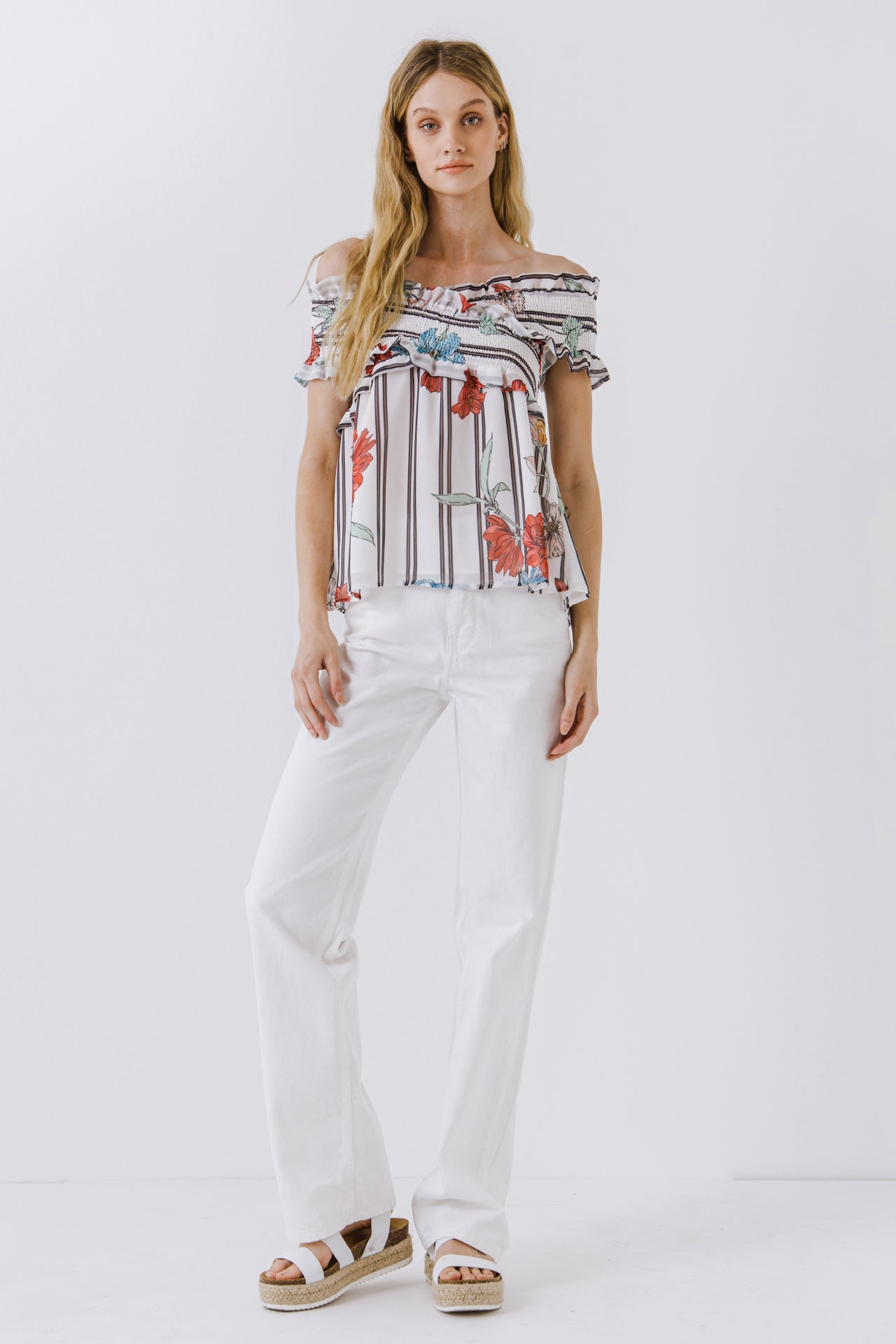 FREE THE ROSES - Amelie Stripe Print Off Shoulder Top - TOPS available at Objectrare