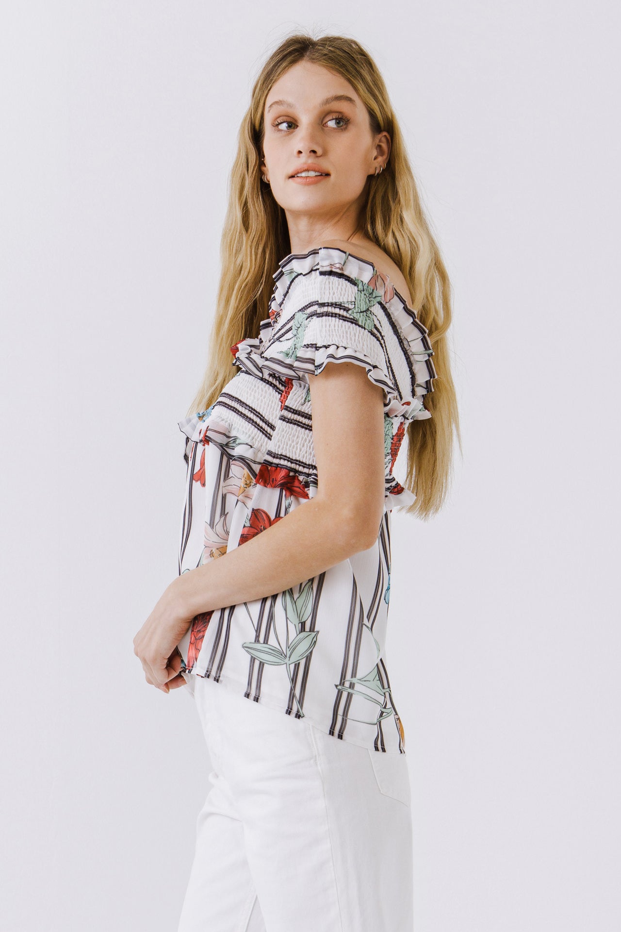 FREE THE ROSES - Amelie Stripe Print Off Shoulder Top - TOPS available at Objectrare