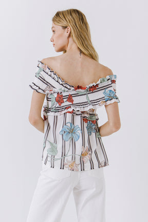 FREE THE ROSES - Amelie Stripe Print Off Shoulder Top - TOPS available at Objectrare