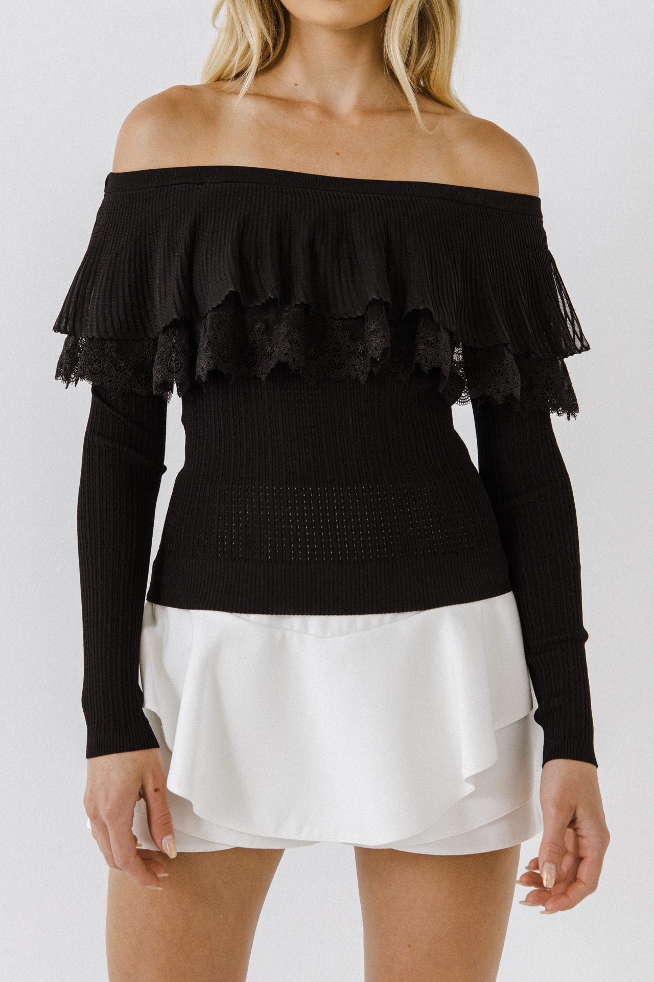 ENGLISH FACTORY - Lace Ruffle Off-The-Shoulder Top - SWEATERS & KNITS available at Objectrare