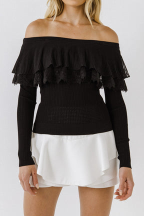 ENGLISH FACTORY - Lace Ruffle Off-The-Shoulder Top - SWEATERS & KNITS available at Objectrare