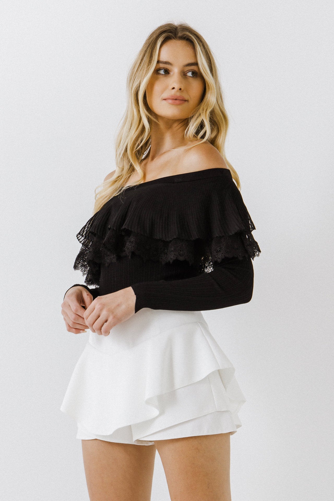 ENGLISH FACTORY - Lace Ruffle Off-The-Shoulder Top - SWEATERS & KNITS available at Objectrare