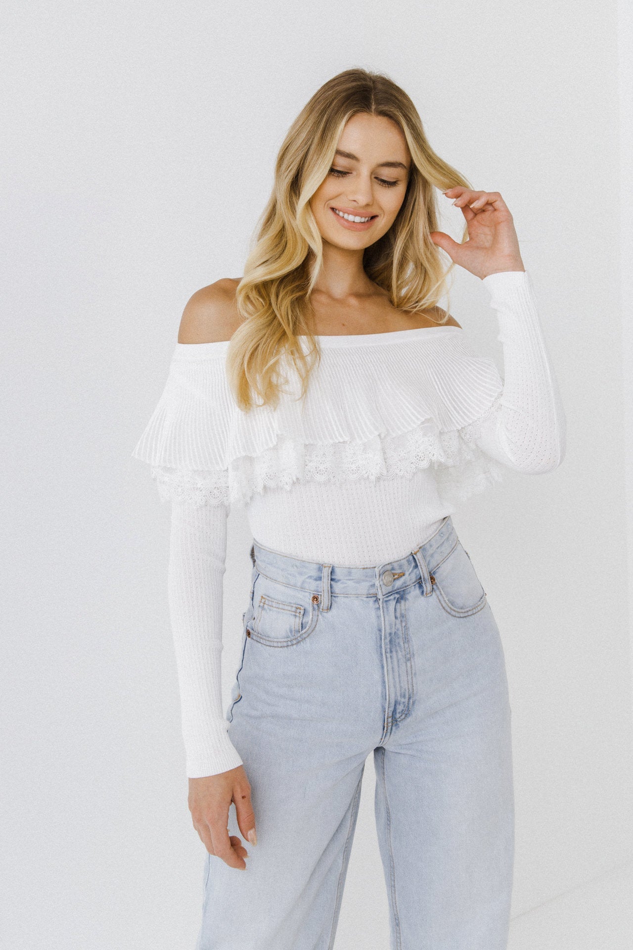 ENGLISH FACTORY - Lace Ruffle Off-The-Shoulder Top - SWEATERS & KNITS available at Objectrare