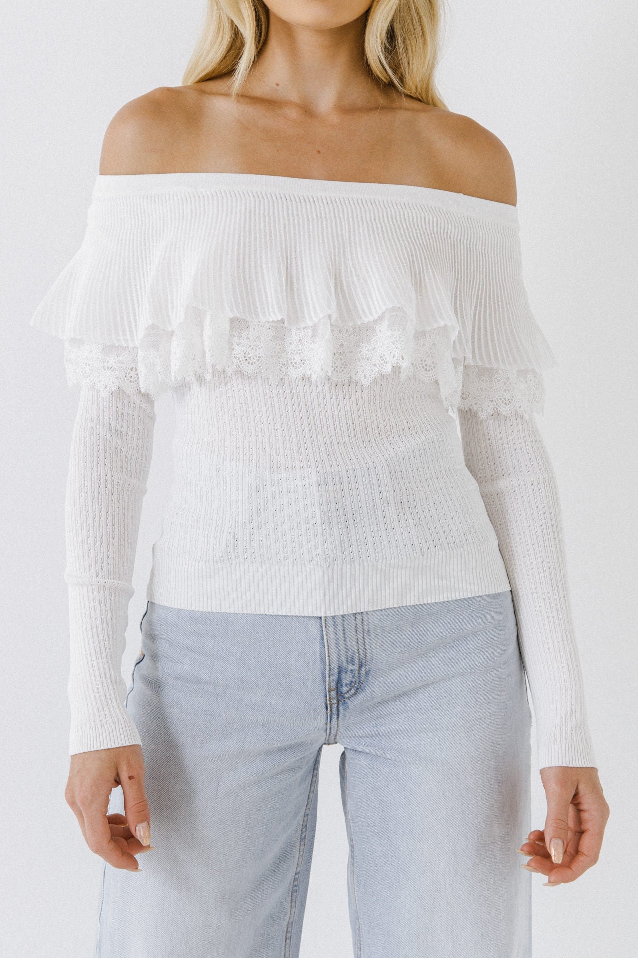 ENGLISH FACTORY - Lace Ruffle Off-The-Shoulder Top - SWEATERS & KNITS available at Objectrare