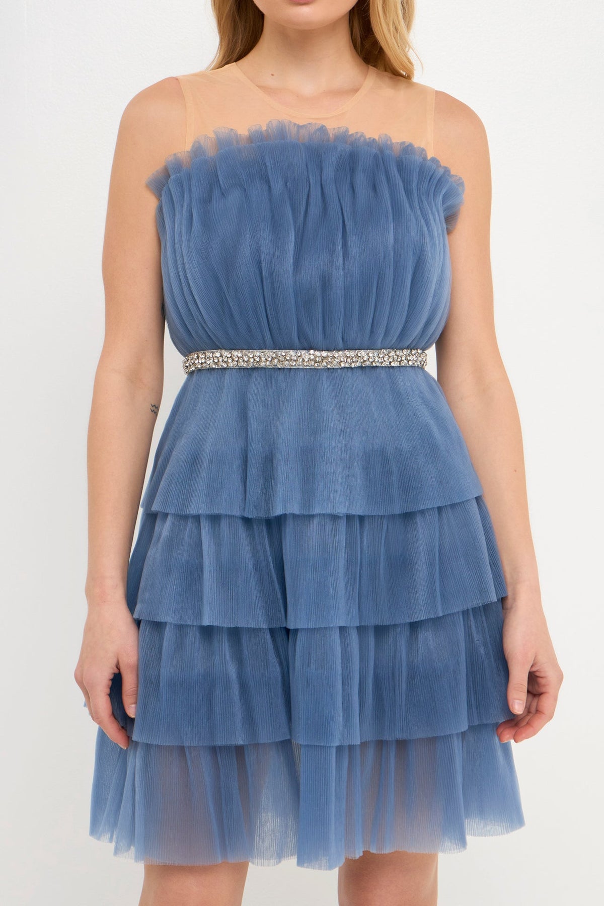 ENDLESS ROSE - Tulle Tiered Mini Dress with Jeweled Belt - DRESSES available at Objectrare