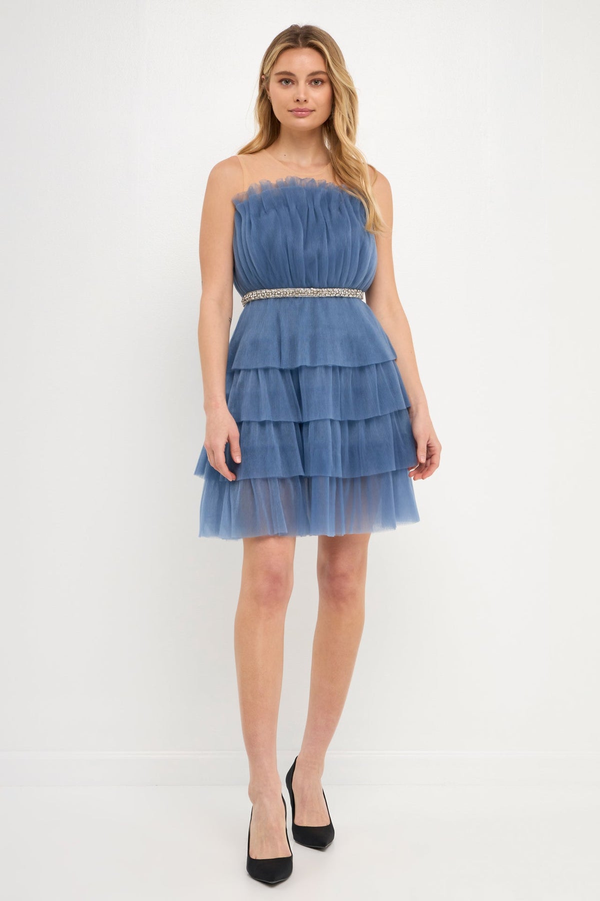 ENDLESS ROSE - Tulle Tiered Mini Dress with Jeweled Belt - DRESSES available at Objectrare