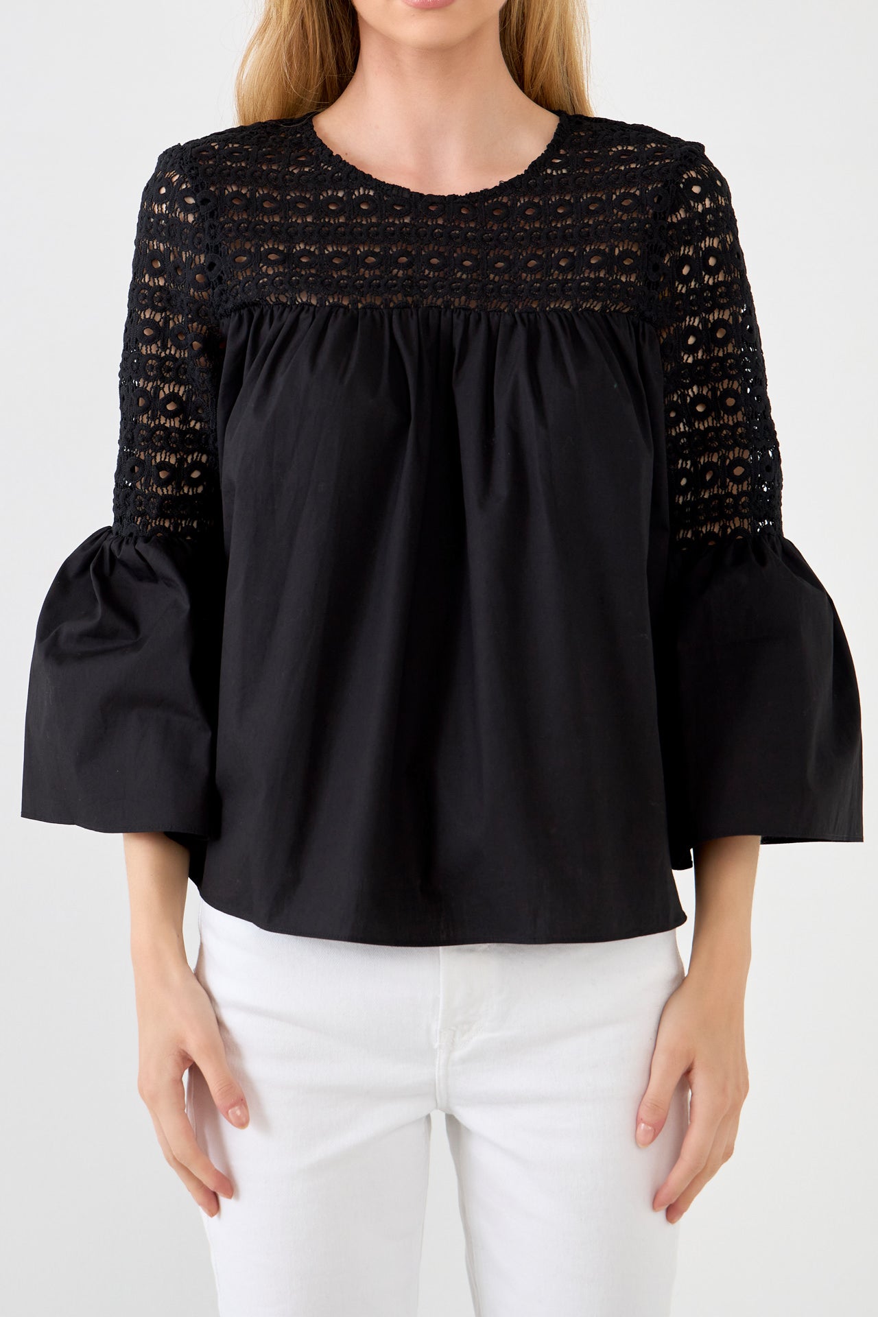 ENDLESS ROSE - Lace with Poplin Bell Sleeve Blouse - SHIRTS & BLOUSES available at Objectrare
