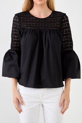 ENDLESS ROSE - Lace with Poplin Bell Sleeve Blouse - SHIRTS & BLOUSES available at Objectrare