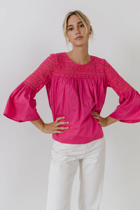 ENDLESS ROSE - Lace with Poplin Bell Sleeve Blouse - SHIRTS & BLOUSES available at Objectrare