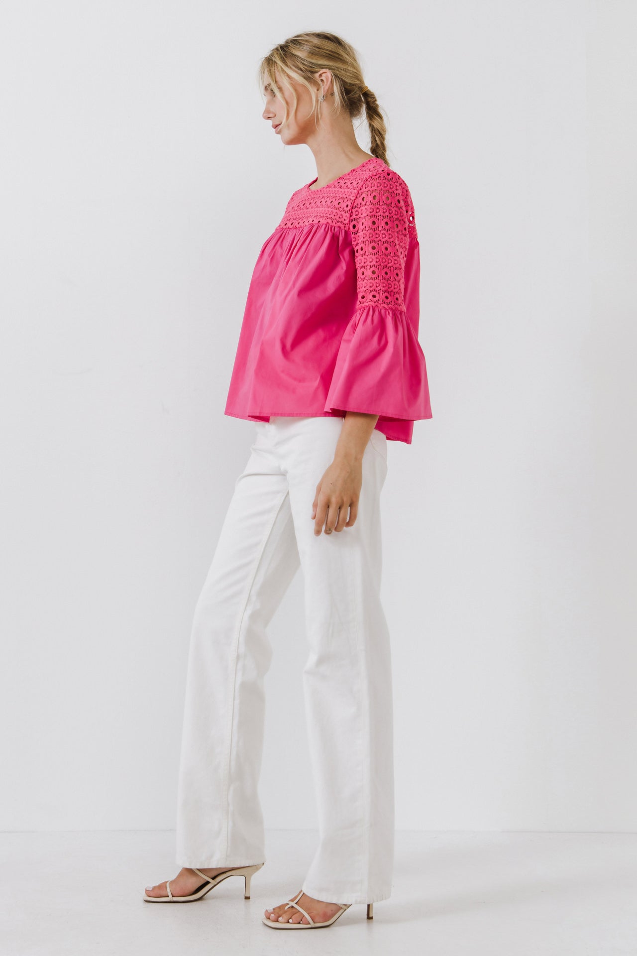 Lace with Poplin Bell Sleeve Blouse