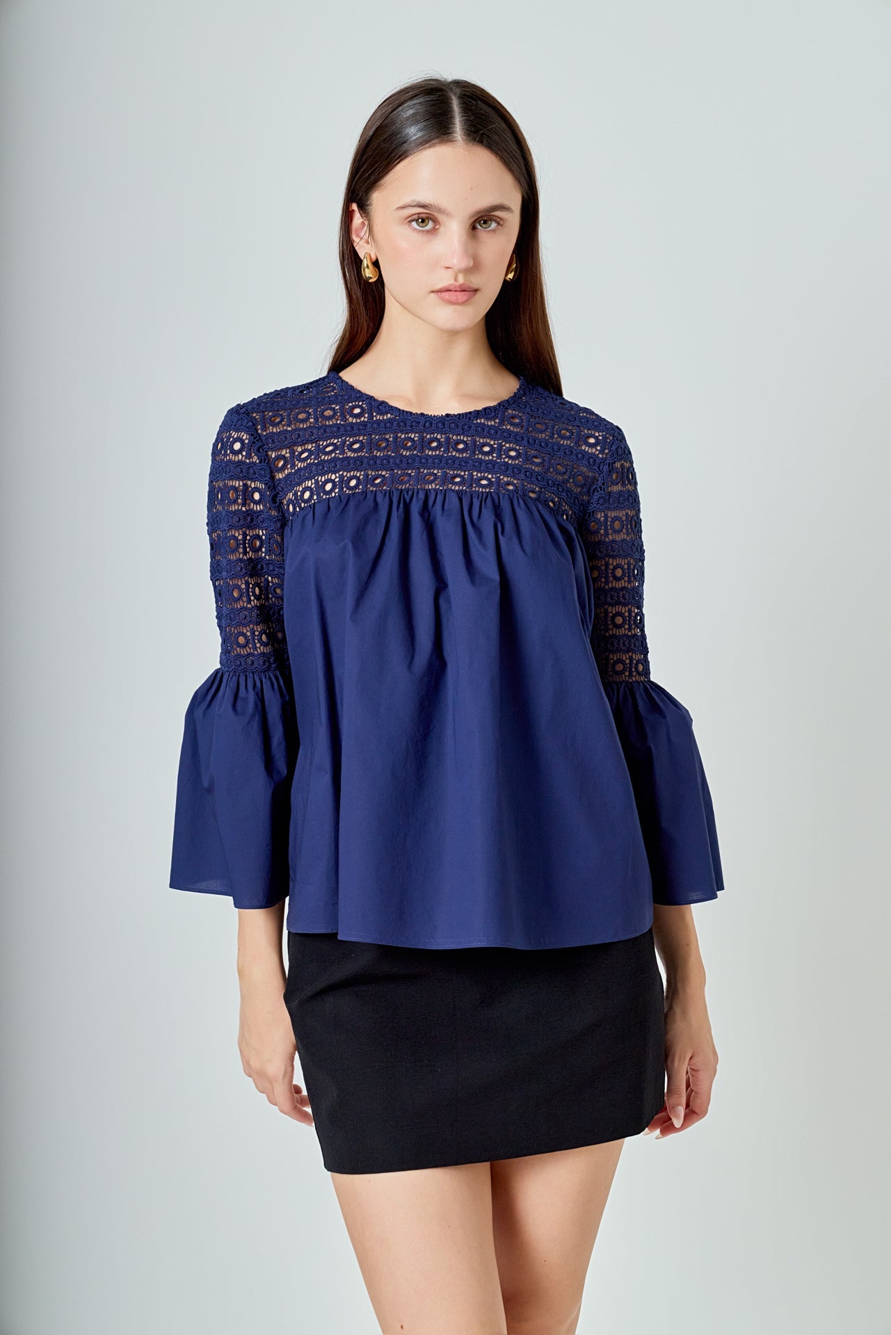 ENDLESS ROSE - Lace with Poplin Bell Sleeve Blouse - SHIRTS & BLOUSES available at Objectrare