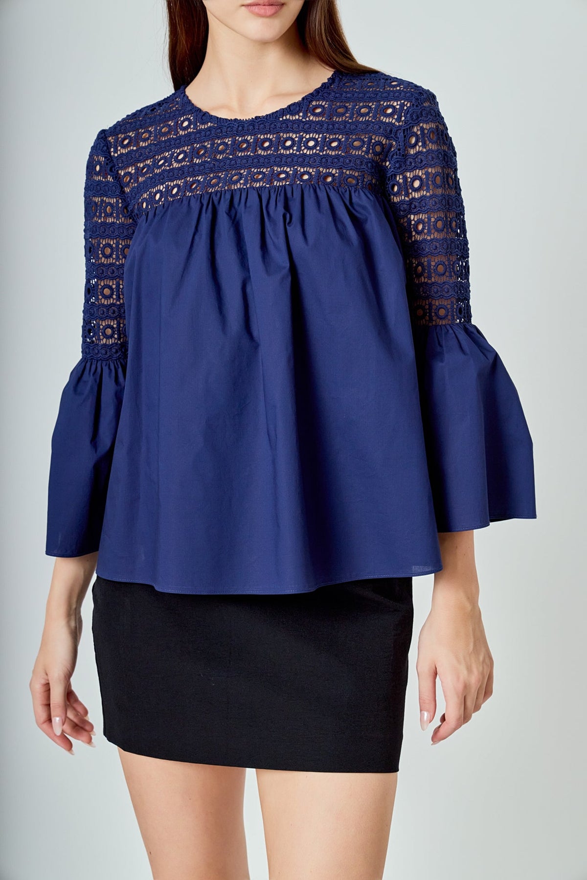 Lace with Poplin Bell Sleeve Blouse