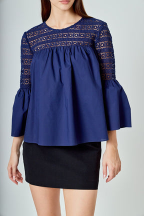 ENDLESS ROSE - Lace with Poplin Bell Sleeve Blouse - SHIRTS & BLOUSES available at Objectrare