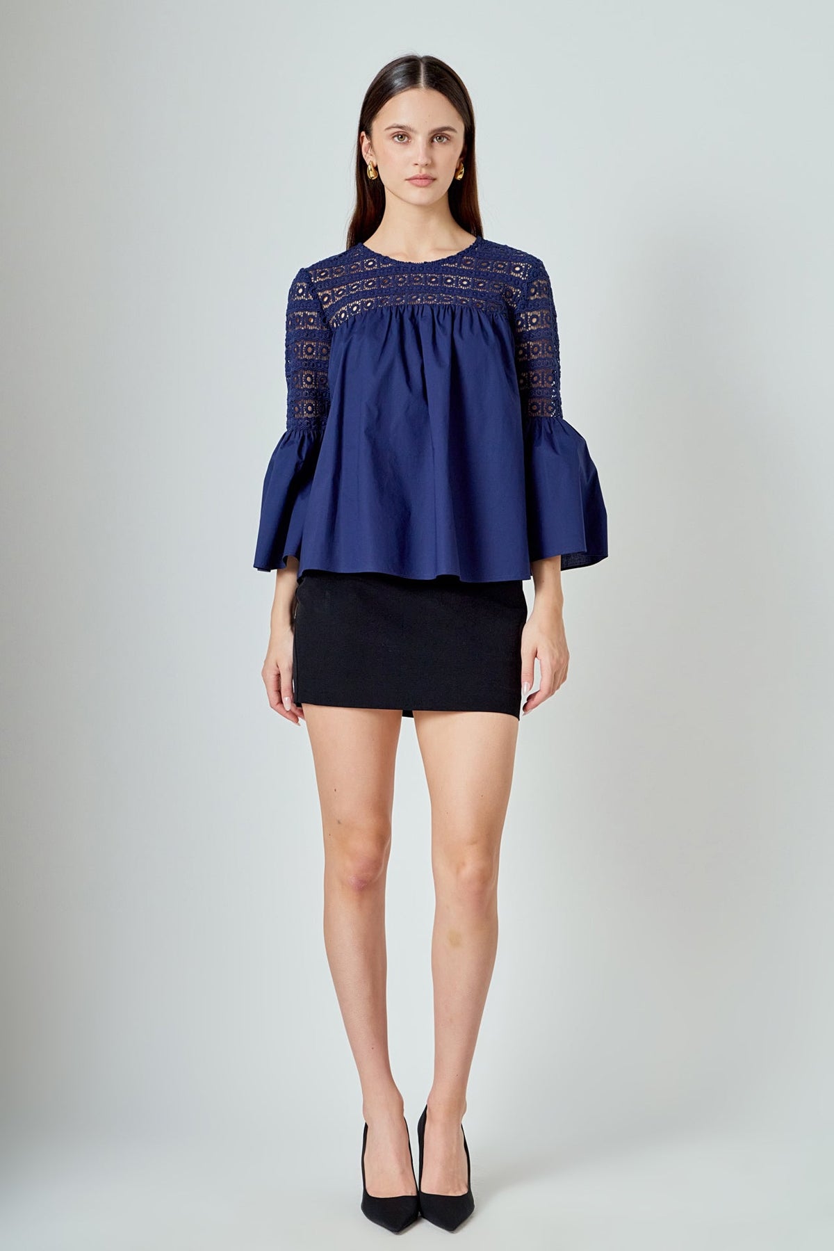 Lace with Poplin Bell Sleeve Blouse