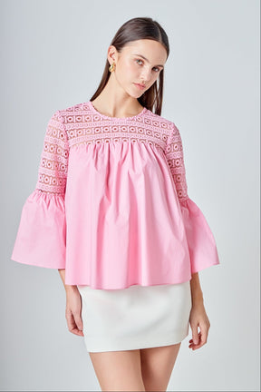 ENDLESS ROSE - Lace with Poplin Bell Sleeve Blouse - SHIRTS & BLOUSES available at Objectrare