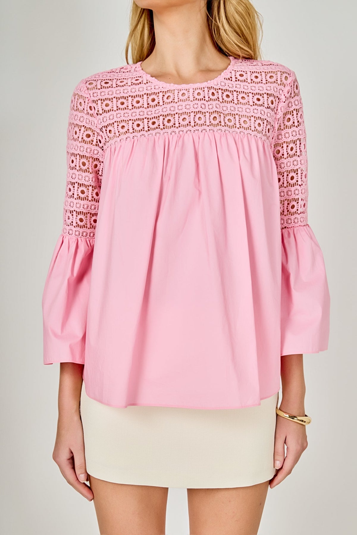 ENDLESS ROSE - Lace with Poplin Bell Sleeve Blouse - SHIRTS & BLOUSES available at Objectrare