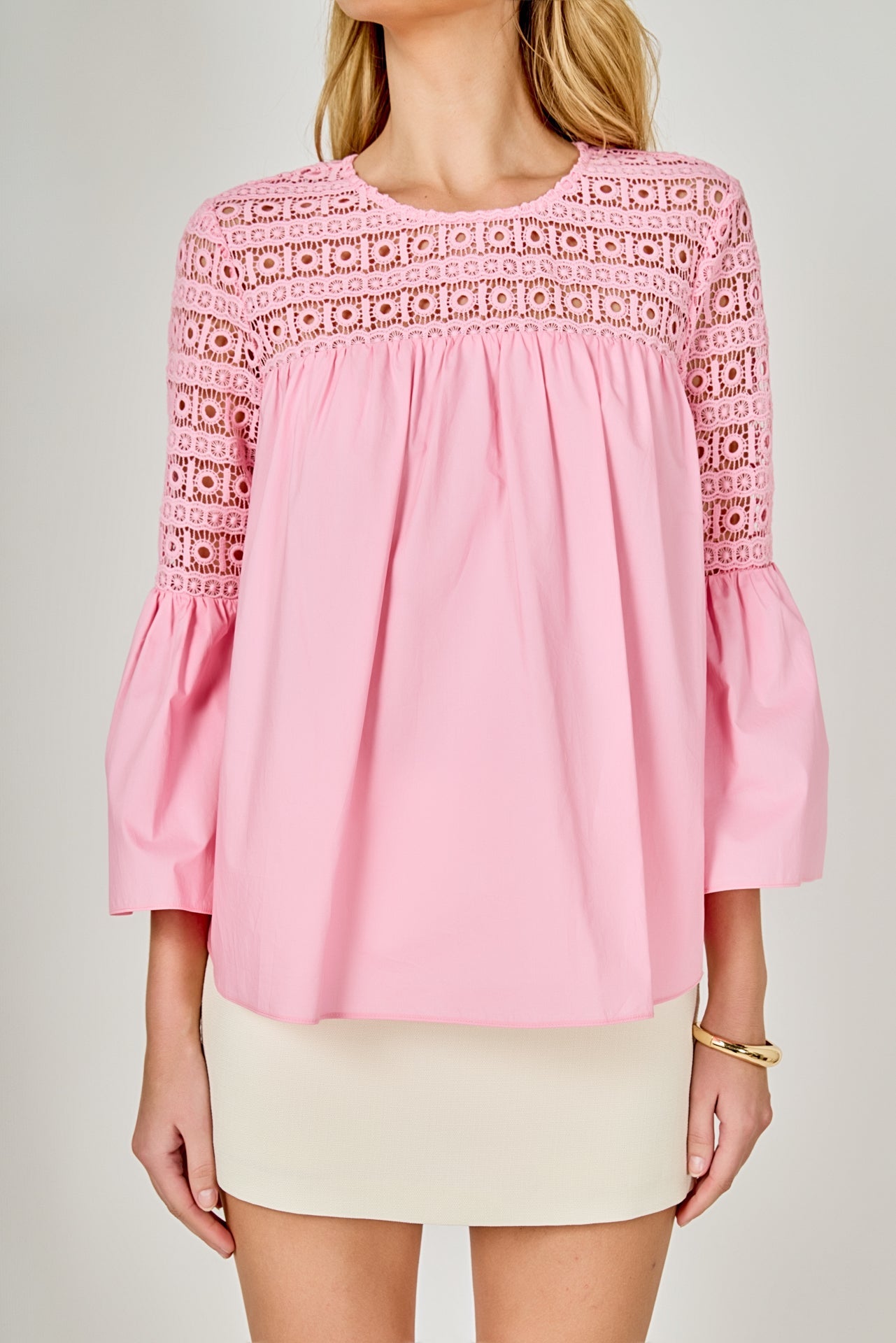 ENDLESS ROSE - Lace with Poplin Bell Sleeve Blouse - SHIRTS & BLOUSES available at Objectrare