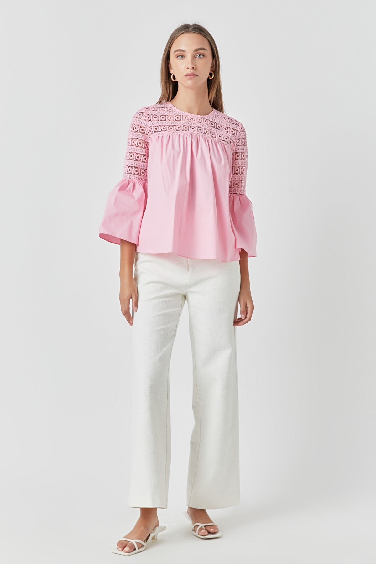 ENDLESS ROSE - Lace with Poplin Bell Sleeve Blouse - TOPS available at Objectrare