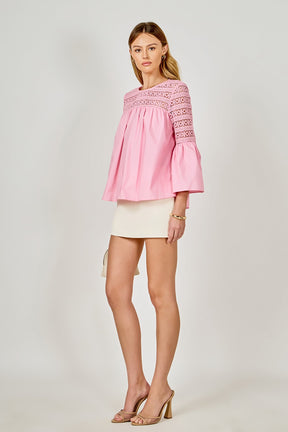 ENDLESS ROSE - Lace with Poplin Bell Sleeve Blouse - SHIRTS & BLOUSES available at Objectrare
