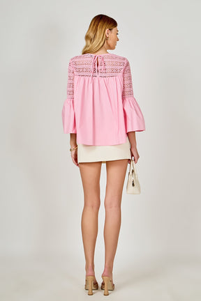 ENDLESS ROSE - Lace with Poplin Bell Sleeve Blouse - SHIRTS & BLOUSES available at Objectrare