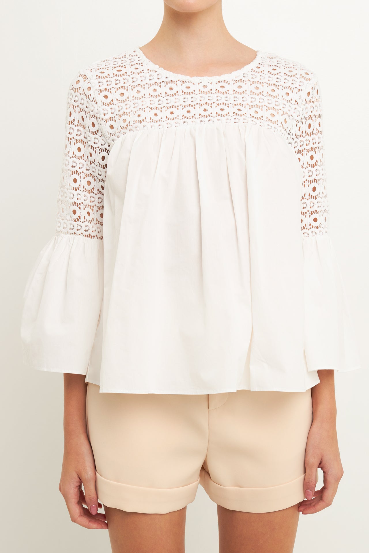 ENDLESS ROSE - Lace with Poplin Bell Sleeve Blouse - SHIRTS & BLOUSES available at Objectrare