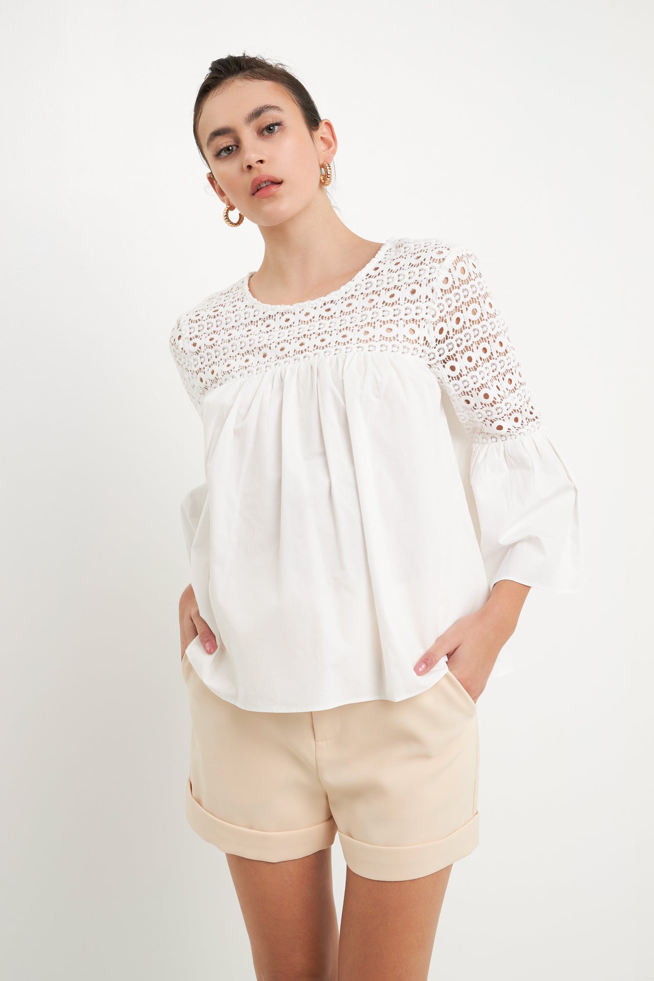 ENDLESS ROSE - Lace with Poplin Bell Sleeve Blouse - SHIRTS & BLOUSES available at Objectrare