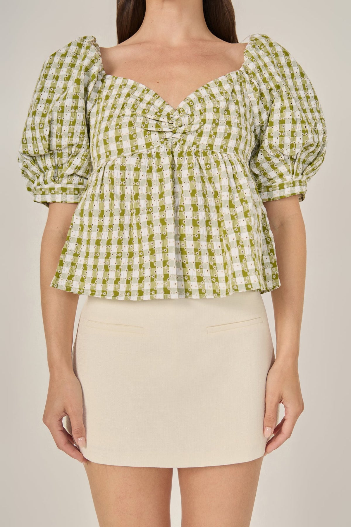 Gingham Check Top with Embroidery