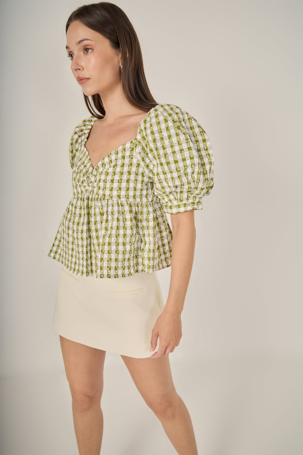 Gingham Check Top with Embroidery