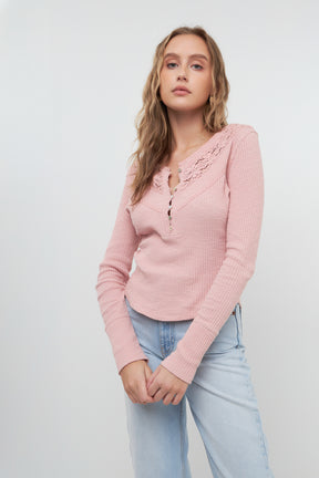 FREE THE ROSES - Lace Inserted Henly Neck Top - TOPS available at Objectrare