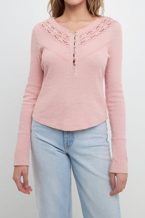 FREE THE ROSES - Lace Inserted Henly Neck Top - TOPS available at Objectrare