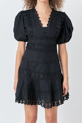 ENDLESS ROSE - Endless Rose - Plunging Lace Trim Dress with Puff Sleeve - DRESSES available at Objectrare