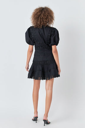 ENDLESS ROSE - Endless Rose - Plunging Lace Trim Dress with Puff Sleeve - DRESSES available at Objectrare