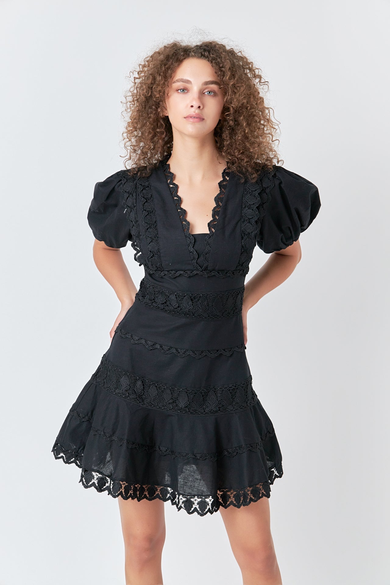 ENDLESS ROSE - Endless Rose - Plunging Lace Trim Dress with Puff Sleeve - DRESSES available at Objectrare