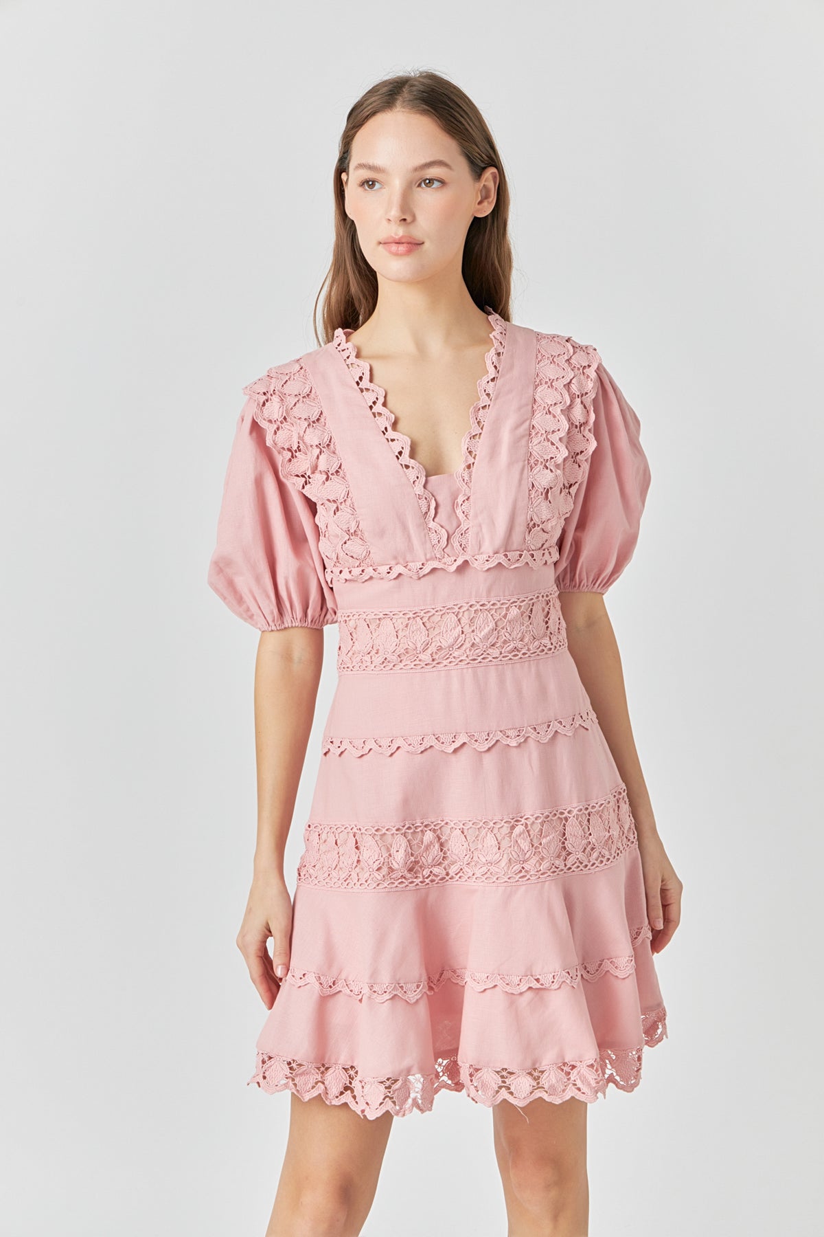 ENDLESS ROSE - Plunging Lace Trim Dress with Puff Sleeve - DRESSES available at Objectrare