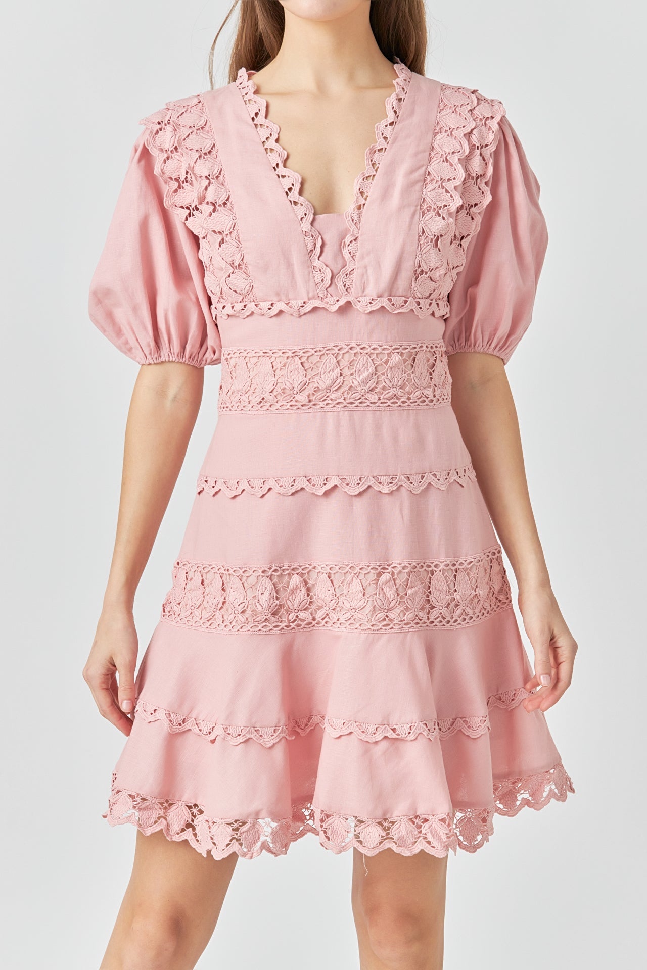 ENDLESS ROSE - Endless Rose - Plunging Lace Trim Dress with Puff Sleeve - DRESSES available at Objectrare