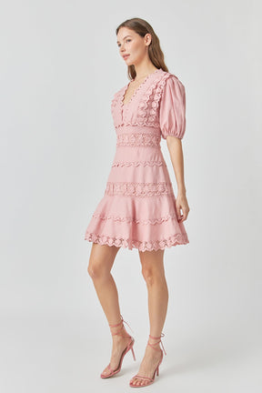 ENDLESS ROSE - Endless Rose - Plunging Lace Trim Dress with Puff Sleeve - DRESSES available at Objectrare