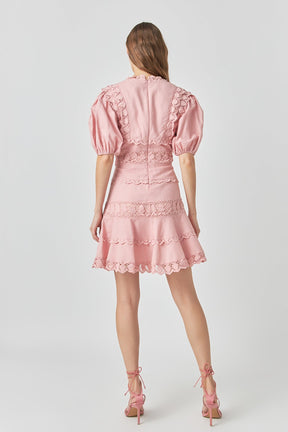 ENDLESS ROSE - Plunging Lace Trim Dress with Puff Sleeve - DRESSES available at Objectrare