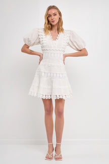 Plunging Lace Trim Dress with Puff Sleeve
