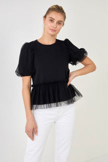 ENGLISH FACTORY - Mixed Media Top with Tulle - T-SHIRTS available at Objectrare