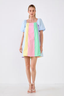 ENGLISH FACTORY - English Factory - Color Blocked Mini Dress with Puff Sleeves - DRESSES available at Objectrare