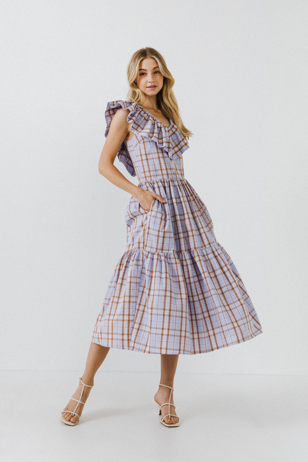 Plaid Midi Dress With Ruffle Neckline